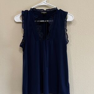 Express Deep Blue Lace Trim Sleeve less Blouse V Neck Satan look size XS